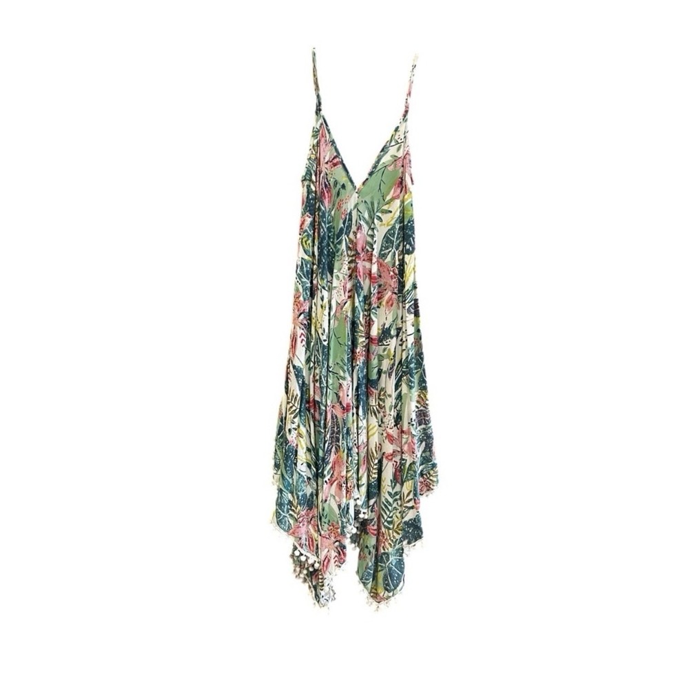 Goa Beachwear by Japna Dress Women L Green Tropical Floral Pom Pom‎ Handkerchief